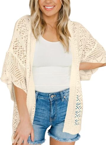 Saodimallsu Womens Lightweight Crochet Cardigans Summer Oversized 3/4 Sleeve Open Front Knit Kimono Cover Up in Saudi Arabia