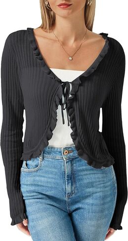 Womens Sheer Lightweight Cardigan Long Sleeve Tie Front Cropped Bolero Shrug Ruffle Trim Hollow Out Tencel Mesh Cardigan in Saudi Arabia