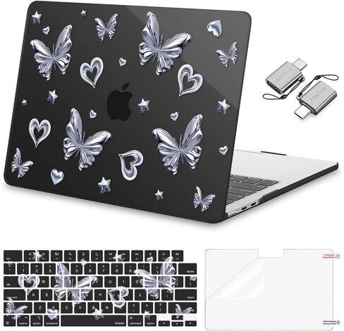 MOSISO Compatible with MacBook Air 13 inch Case 2026-2022 M4 A3240 M3 A3113 M2 A2681, Sparkling Butterfly Plastic Hard Shell&Keyboard Skin&Screen Film&Type C for MacBook Air 13.6 inch Case, Black in Saudi Arabia