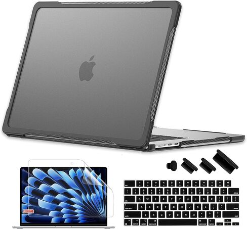Batianda 4-in-1 Ultimate Case for M5 MacBook Air 15 inch 2026 2025 M4 2024 M3 A3114 2023 M2 A2941 Model - Matte Translucent Rugged Armor Shell with Carbon Fiber Texture Grip Shockproof Bumper - Black in Saudi Arabia