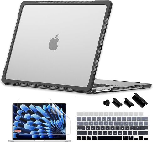 Batianda 4-in-1 Ultimate Case for M5 MacBook Air 15 inch 2026 2025 M4 2024 M3 A3114 2023 M2 A2941 Model - Matte Translucent Rugged Armor Shell with Carbon Fiber Texture Grip Shockproof Bumper - Black in Saudi Arabia