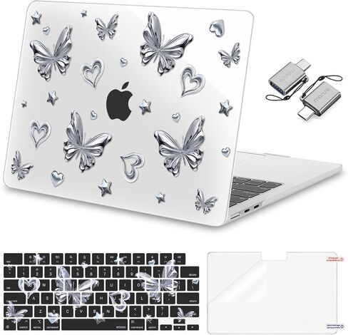 حافظة MOSISO متوافقة مع جهاز MacBook Air 13 بوصة 2026-2022 M4 A3240 M3 A3113 M2 A2681، غطاء صلب من البلاستيك على شكل فراشة لامعة وطبقة لوحة مفاتيح وفيلم شاشة ونوع C لجهاز MacBook Air 13.6 بوصة، أسود in Saudi Arabia