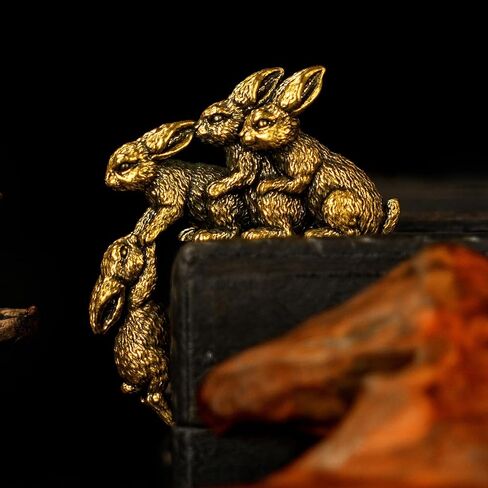 CHOVY Solid Brass Rabbit Figurine Set - Four Retro Rabbits 100% Pure Brass, Handmade Vintage Collectible, Mid-Century Modern Desk Decor for Office, Bookshelf, Mantel & Unique Easter Gift in Saudi Arabia