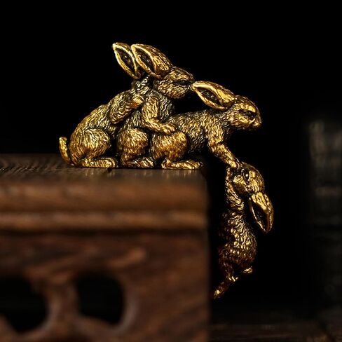 CHOVY Solid Brass Rabbit Figurine Set - Four Retro Rabbits 100% Pure Brass, Handmade Vintage Collectible, Mid-Century Modern Desk Decor for Office, Bookshelf, Mantel & Unique Easter Gift in Saudi Arabia