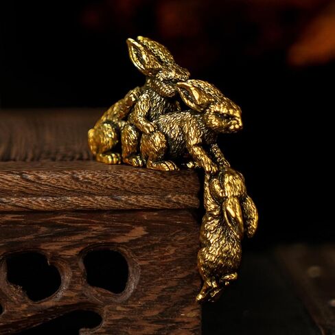 CHOVY Solid Brass Rabbit Figurine Set - Four Retro Rabbits 100% Pure Brass, Handmade Vintage Collectible, Mid-Century Modern Desk Decor for Office, Bookshelf, Mantel & Unique Easter Gift in Saudi Arabia