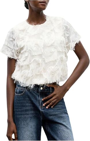 SHENHE Women's Tassel Trim Fringe Top Short Sleeve Dressy Casual Going Out Blouse Shirt in Saudi Arabia