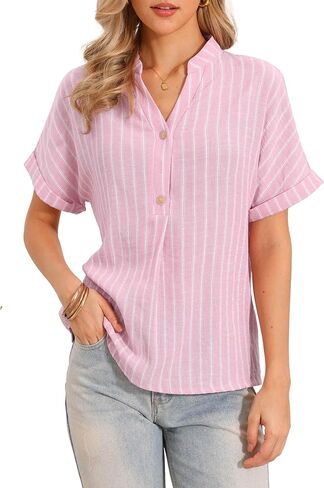 Allegra K Short Sleeve Striped Shirt for Women's Work V Neck Button Front Top in Saudi Arabia