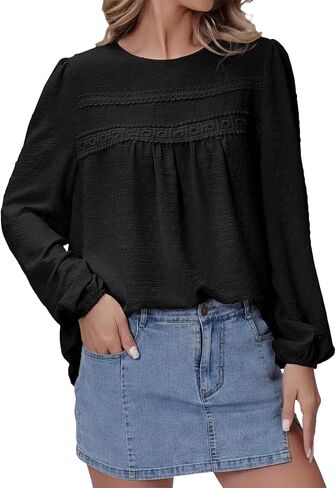 بلوزات طويلة الأكمام للنساء Crewneck بوهو فضفاض قمصان مناسبة فلوي الدانتيل تنحنح نقطة سويسرية الكروشيه 2026 بلوزات غير رسمية in Kuwait