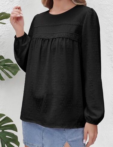 بلوزات طويلة الأكمام للنساء Crewneck بوهو فضفاض قمصان مناسبة فلوي الدانتيل تنحنح نقطة سويسرية الكروشيه 2026 بلوزات غير رسمية in Kuwait