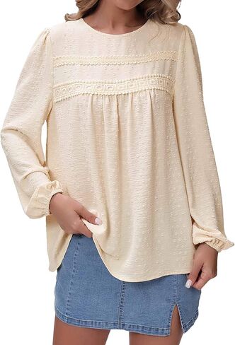 Long Sleeve Tops for Women Crewneck Boho Loose Fit Shirts Flowy Lace Hem Swiss Dot Crochet 2026 Casual Blouses in Saudi Arabia