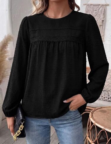 بلوزات طويلة الأكمام للنساء Crewneck بوهو فضفاض قمصان مناسبة فلوي الدانتيل تنحنح نقطة سويسرية الكروشيه 2026 بلوزات غير رسمية in Kuwait