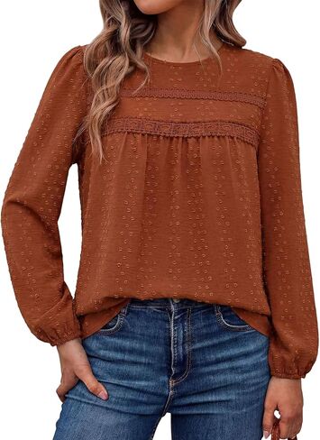 بلوزات طويلة الأكمام للنساء Crewneck بوهو فضفاض قمصان مناسبة فلوي الدانتيل تنحنح نقطة سويسرية الكروشيه 2026 بلوزات غير رسمية in Kuwait
