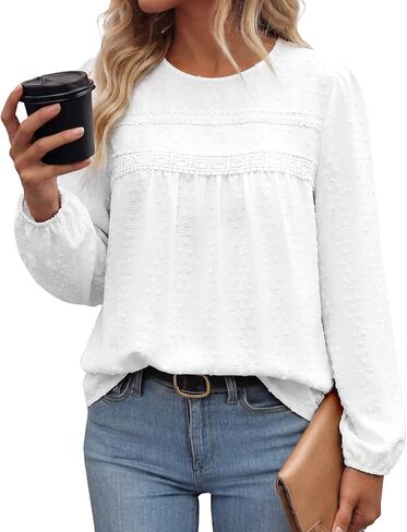 بلوزات طويلة الأكمام للنساء Crewneck بوهو فضفاض قمصان مناسبة فلوي الدانتيل تنحنح نقطة سويسرية الكروشيه 2026 بلوزات غير رسمية in Kuwait