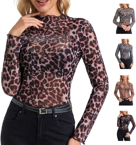 Women’s Leopard Print Shirt Cheetah Style Blouse Rhinestone Top Trendy Sparky Top Stylish Animal Pattern for Women in Saudi Arabia