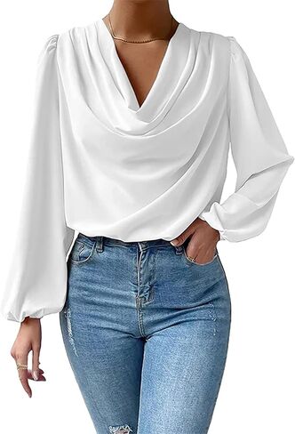 BOFETA Women's Elegant Cowl Neck Satin Blouse Lantern Long Sleeve Shirts Work Solid Color Tunic Shirt in Saudi Arabia