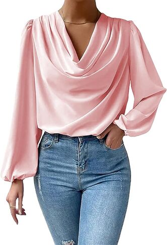 BOFETA Women's Elegant Cowl Neck Satin Blouse Lantern Long Sleeve Shirts Work Solid Color Tunic Shirt in Saudi Arabia