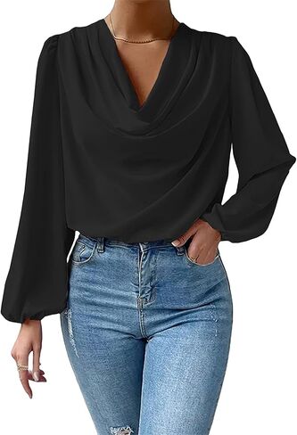 BOFETA Women's Elegant Cowl Neck Satin Blouse Lantern Long Sleeve Shirts Work Solid Color Tunic Shirt in Saudi Arabia