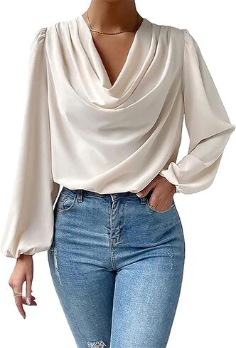BOFETA Women's Elegant Cowl Neck Satin Blouse Lantern Long Sleeve Shirts Work Solid Color Tunic Shirt in Saudi Arabia
