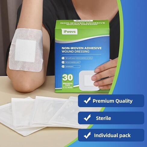 ضمادة جزيرة الشاش ذات الحدود - عدد 30، وسادات شاش معقمة ملفوفة بشكل فردي مقاس 4 × 4 بوصة، عالية الامتصاص وغير منسوجة - تضميد جروح ناعم وقابل للتنفس للإسعافات الأولية والطبية in Kuwait