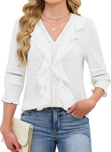 Funlingo 3/4 Length Sleeve Womens Tops Ruffle V Neck Blouses for Women Dressy Casual Lace Crochet Shirts with Smocked Cuffs in Kuwait
