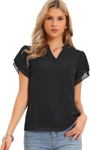 Allegra K Chiffon Blouses for Women's Dressy Casual Short Ruffle Petal Sleeve V Neck Elegant Shirts in Saudi Arabia