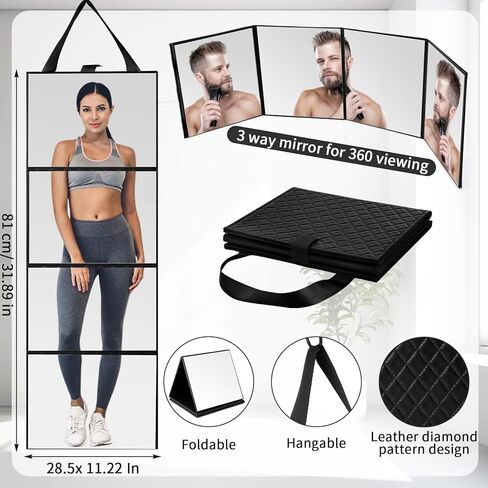 3 Way Foldable Full Length Mirror with Handle Leather 31.89 x 11.22 Inches Portable Hanging Travel Mirror Rectangular for Makeup Dance Home Fitness Spa Hair Styling (Black) in Saudi Arabia