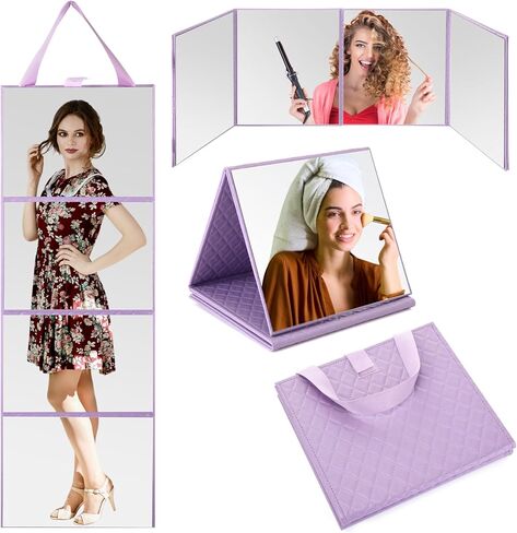 3 Way Foldable Full Length Mirror with Handle Leather 31.89 x 11.22 Inches Portable Hanging Travel Mirror Rectangular for Makeup Dance Home Fitness Spa Hair Styling (Black) in Saudi Arabia