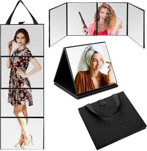 3 Way Foldable Full Length Mirror with Handle Leather 31.89 x 11.22 Inches Portable Hanging Travel Mirror Rectangular for Makeup Dance Home Fitness Spa Hair Styling (Black) in Saudi Arabia