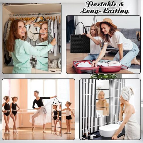 3 Way Foldable Full Length Mirror with Handle Leather 31.89 x 11.22 Inches Portable Hanging Travel Mirror Rectangular for Makeup Dance Home Fitness Spa Hair Styling (Black) in Saudi Arabia