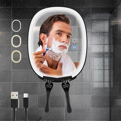 VOCOSTE Shaving Mirror for Shower Fogless, Heated Anti-Fog Mirror with 3-Color Dimmable LED Lights, 360° Rotation & 2 Weeks Runtime 5000mAh, Shower Mirror for Shaving Men, 2 Razors Holders in Saudi Arabia