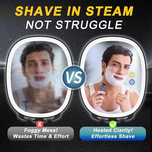 VOCOSTE Shaving Mirror for Shower Fogless, Heated Anti-Fog Mirror with 3-Color Dimmable LED Lights, 360° Rotation & 2 Weeks Runtime 5000mAh, Shower Mirror for Shaving Men, 2 Razors Holders in Saudi Arabia