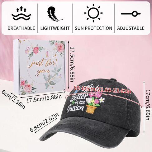 Gardening Gifts for Women, Washed Black Gardening Hat Gift Box Set, Adjustable Washed Cotton Embroidered Baseball Cap for Wife Mom Grandma in Kuwait