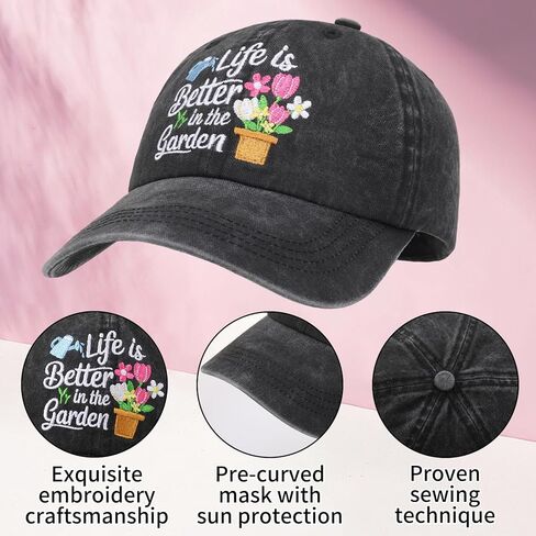 Gardening Gifts for Women, Washed Black Gardening Hat Gift Box Set, Adjustable Washed Cotton Embroidered Baseball Cap for Wife Mom Grandma in Kuwait