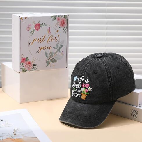 Gardening Gifts for Women, Washed Black Gardening Hat Gift Box Set, Adjustable Washed Cotton Embroidered Baseball Cap for Wife Mom Grandma in Kuwait