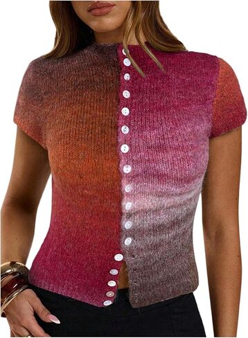 SOLY HUX Women's Fall Knit Tops Button Down Mock Neck Short Sleeve Tie Dye Knitted Cardigan Sweater in Saudi Arabia