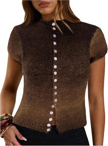 SOLY HUX Women's Fall Knit Tops Button Down Mock Neck Short Sleeve Tie Dye Knitted Cardigan Sweater in Saudi Arabia