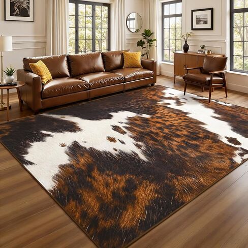 سجادة من جلد البقر الفاخر، سجاد من جلد البقر الصناعي لغرفة المعيشة وغرفة النوم، مقاس 4 × 6 أقدام، غير قابل للانزلاق، سجاد جلود الحيوانات قابل للغسل في الغسالة لديكور غرفة المنزل، بني in Kuwait