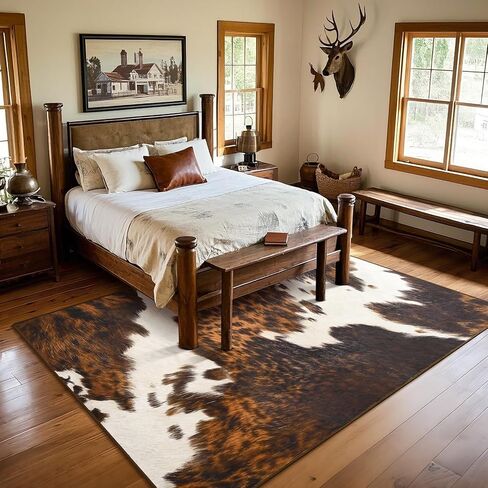 سجادة من جلد البقر الفاخر، سجاد من جلد البقر الصناعي لغرفة المعيشة وغرفة النوم، مقاس 4 × 6 أقدام، غير قابل للانزلاق، سجاد جلود الحيوانات قابل للغسل في الغسالة لديكور غرفة المنزل، بني in Kuwait