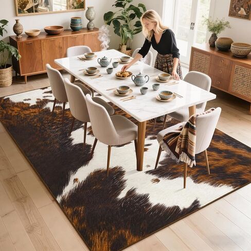 سجادة من جلد البقر الفاخر، سجاد من جلد البقر الصناعي لغرفة المعيشة وغرفة النوم، مقاس 4 × 6 أقدام، غير قابل للانزلاق، سجاد جلود الحيوانات قابل للغسل في الغسالة لديكور غرفة المنزل، بني in Kuwait
