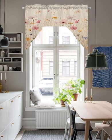 Watercolor Wildflowers Swag Valances for Windows, Swag Kitchen Curtain Valances Rod Pocket Small Window Curtain for Cafe Bathroom Bedroom Drapes 56"x36" Vintage Bloom Floral in Saudi Arabia