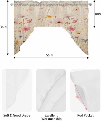Watercolor Wildflowers Swag Valances for Windows, Swag Kitchen Curtain Valances Rod Pocket Small Window Curtain for Cafe Bathroom Bedroom Drapes 56"x36" Vintage Bloom Floral in Saudi Arabia