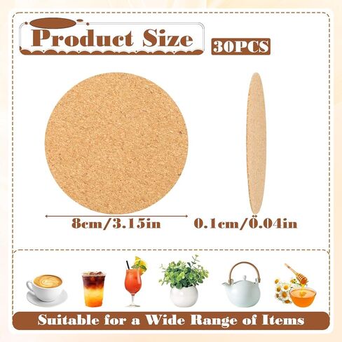 30 Pcs 1mm Cork Backing for Coasters, Self Adhesive Cork for Coasters 3 Inch Round Corks Hot Pads to DIY Crafts, Drinks and Home Tabletop Decoration with Strong Adhesive-Backed in Kuwait