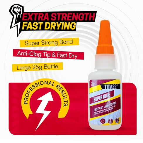 TITA22™ Super Glue - لاصق Cyanoacrylate قوي للغاية وسريع الجفاف للإصلاحات متعددة الأغراض، زجاجة كبيرة مضادة للانسداد 25 جم للدقة - مناسب للخشب والمعادن والبلاستيك والسيراميك والمزيد (0.9 أونصة) in Saudi Arabia