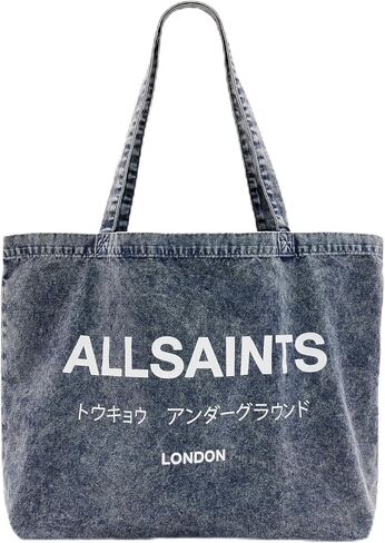 AllSaints Underground Acid Wash Denim Tote Bag, Deep Sea Navy, London Edition with Japanese Text in Kuwait