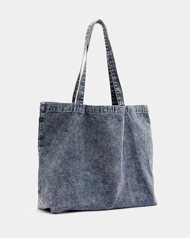 AllSaints Underground Acid Wash Denim Tote Bag, Deep Sea Navy, London Edition with Japanese Text in Kuwait