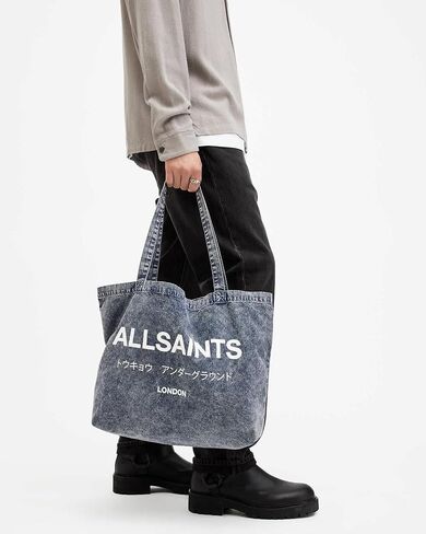 AllSaints Underground Acid Wash Denim Tote Bag, Deep Sea Navy, London Edition with Japanese Text in Kuwait