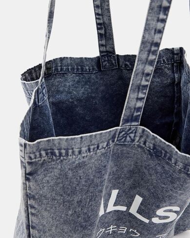 AllSaints Underground Acid Wash Denim Tote Bag, Deep Sea Navy, London Edition with Japanese Text in Kuwait