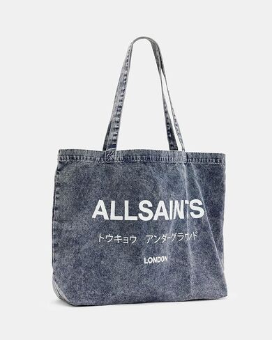 AllSaints Underground Acid Wash Denim Tote Bag, Deep Sea Navy, London Edition with Japanese Text in Kuwait