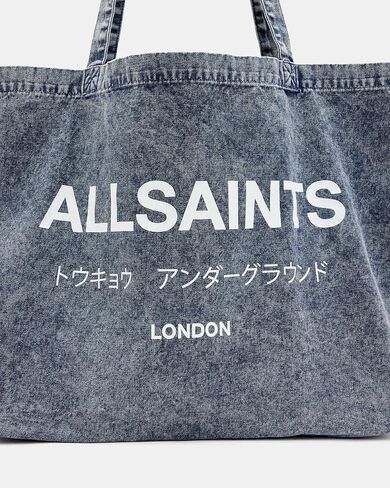 AllSaints Underground Acid Wash Denim Tote Bag, Deep Sea Navy, London Edition with Japanese Text in Kuwait