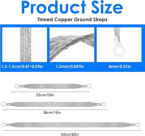 12 Pcs Automotive Ground Straps, 10/15/20 Inch Silver Universal Engine Grounding Cable Strap Kit with Ring Terminals Braided Copper Tinned Ground Wire for Most Cars in Saudi Arabia